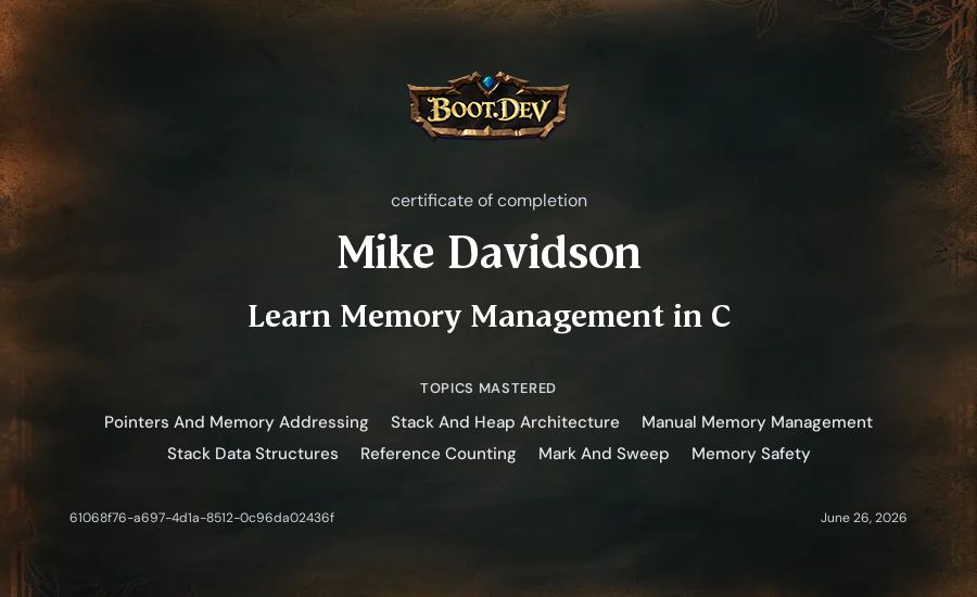Mike Davidson's Boot.dev Learn Memory Management in C certificate