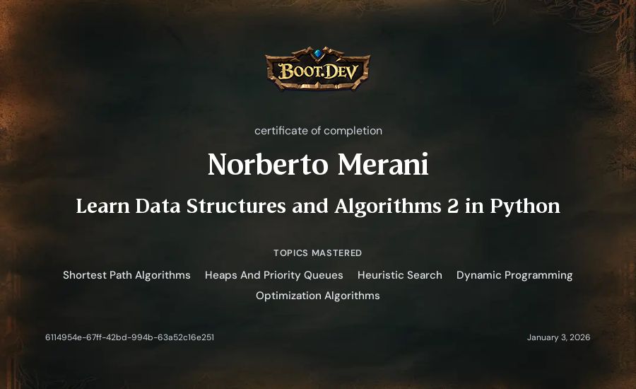 Norberto Merani's Boot.dev Learn Data Structures and Algorithms 2 in Python certificate