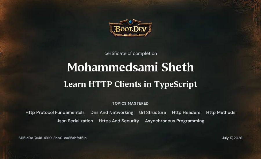 Mohammedsami Sheth's Boot.dev Learn HTTP Clients in TypeScript certificate