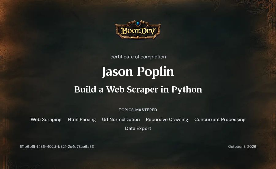 Jason Poplin's Boot.dev Build a Web Scraper in Python certificate