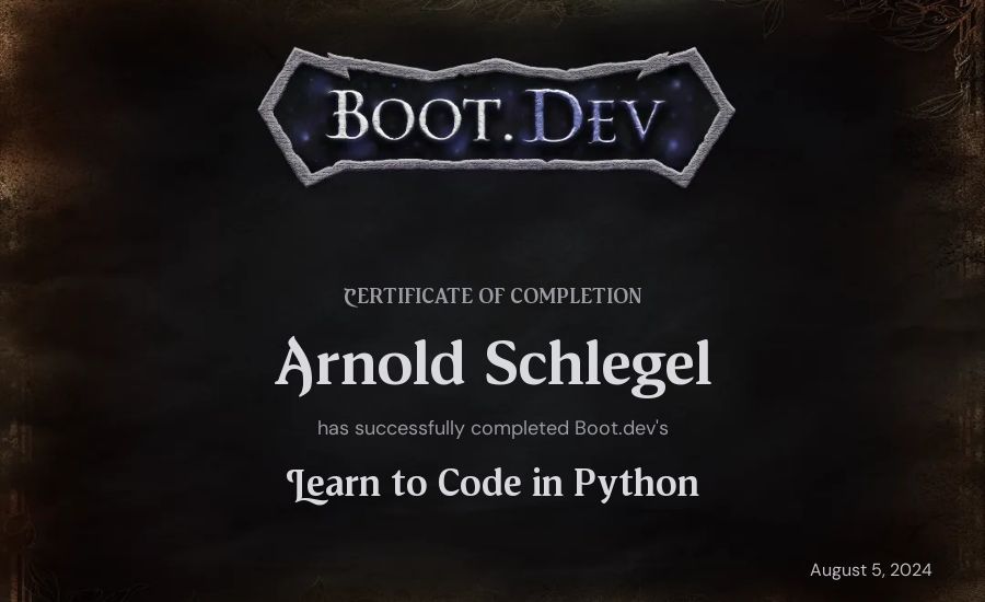 Arnold Schlegel's Boot.dev Introduction to Python Course certificate