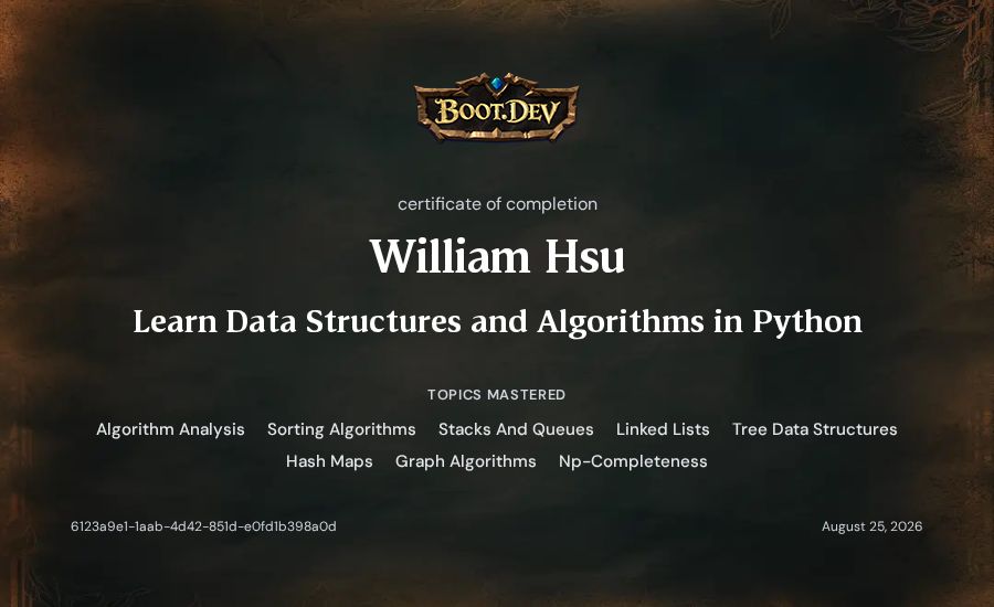 William Hsu's Boot.dev Learn Data Structures and Algorithms in Python certificate