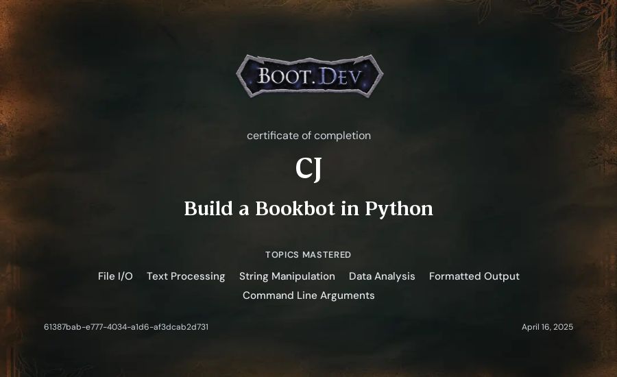CJ's Boot.dev Build a BookBot in Python certificate