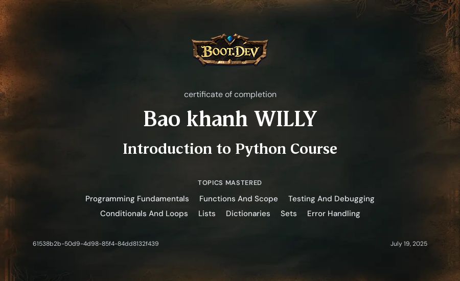 Bao Khanh's Boot.dev Introduction to Python Course certificate