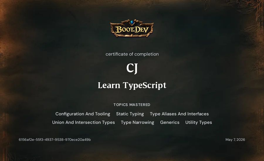 CJ's Boot.dev Learn TypeScript certificate