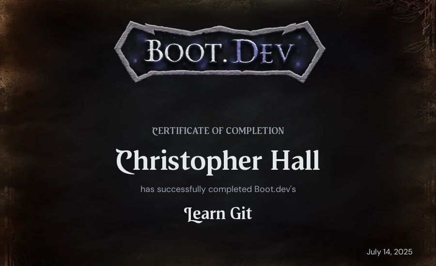 Christopher Hall's Boot.dev Learn Git certificate