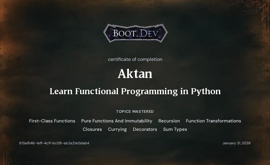 Aktan's Boot.dev Learn Functional Programming in Python certificate