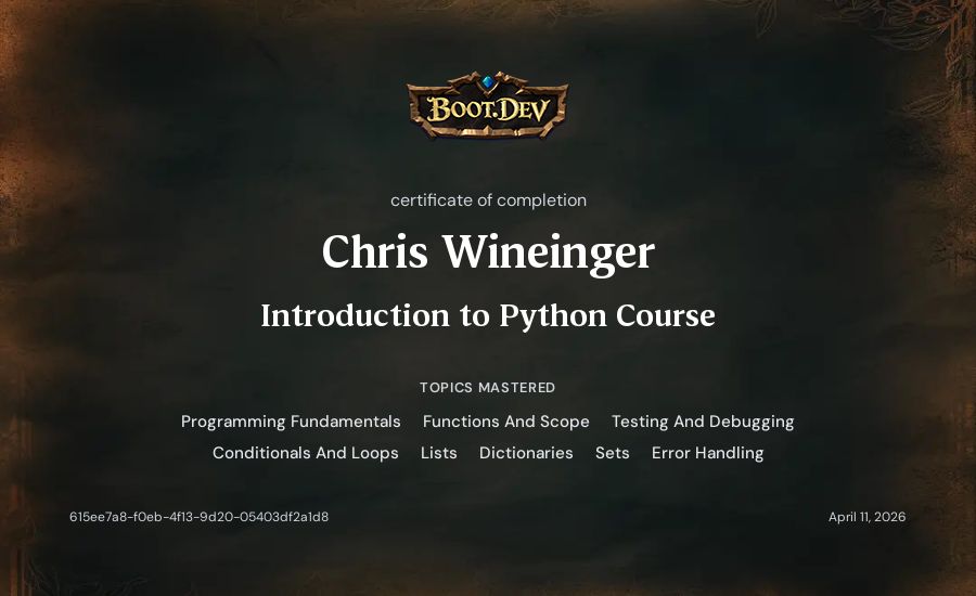 Chris Wineinger's Boot.dev Introduction to Python Course certificate