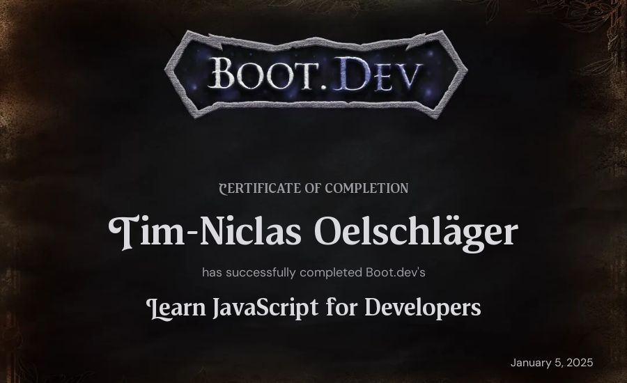 Tim-Niclas Oelschläger's Boot.dev Learn JavaScript certificate