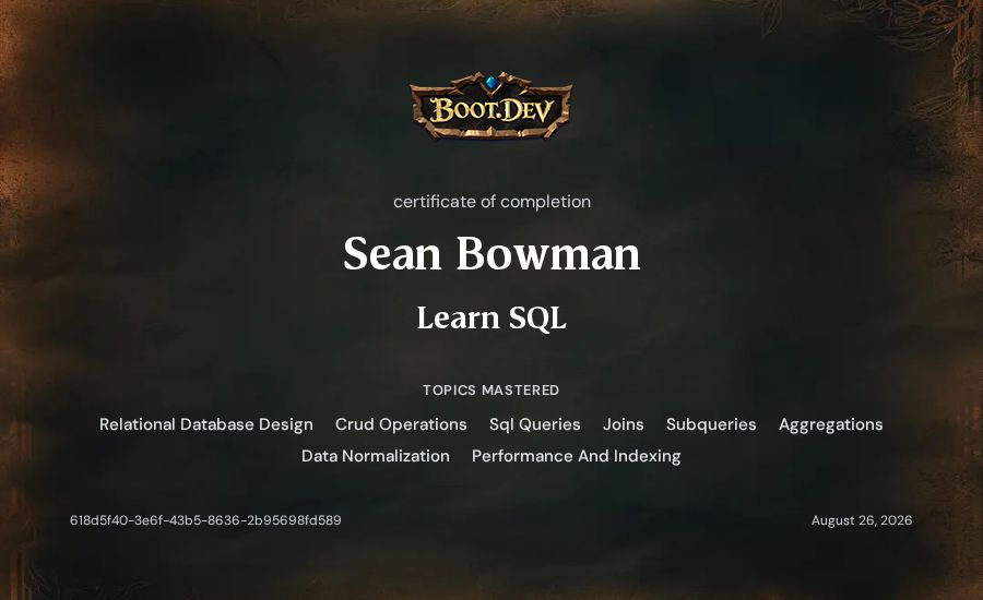 Sean Bowman's Boot.dev Learn SQL certificate