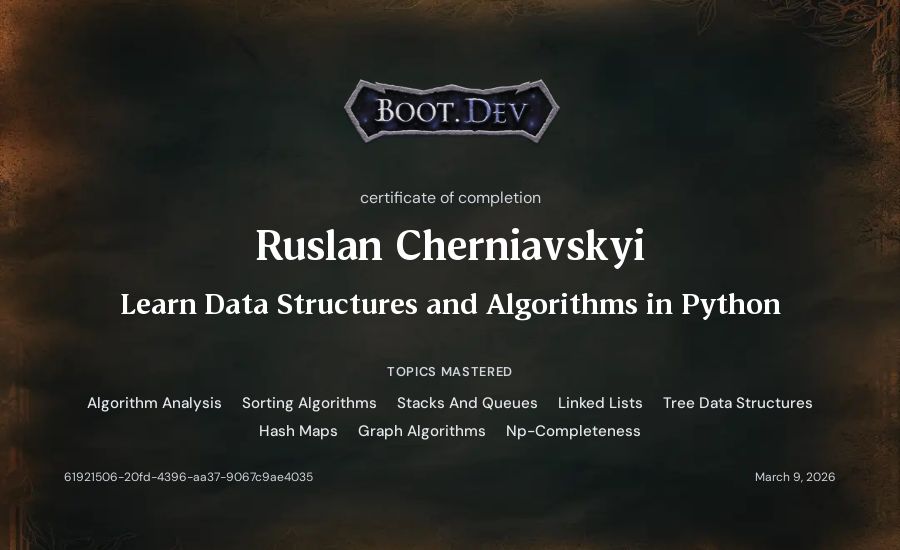 Ruslan Cherniavskyi's Boot.dev Learn Data Structures and Algorithms in Python certificate