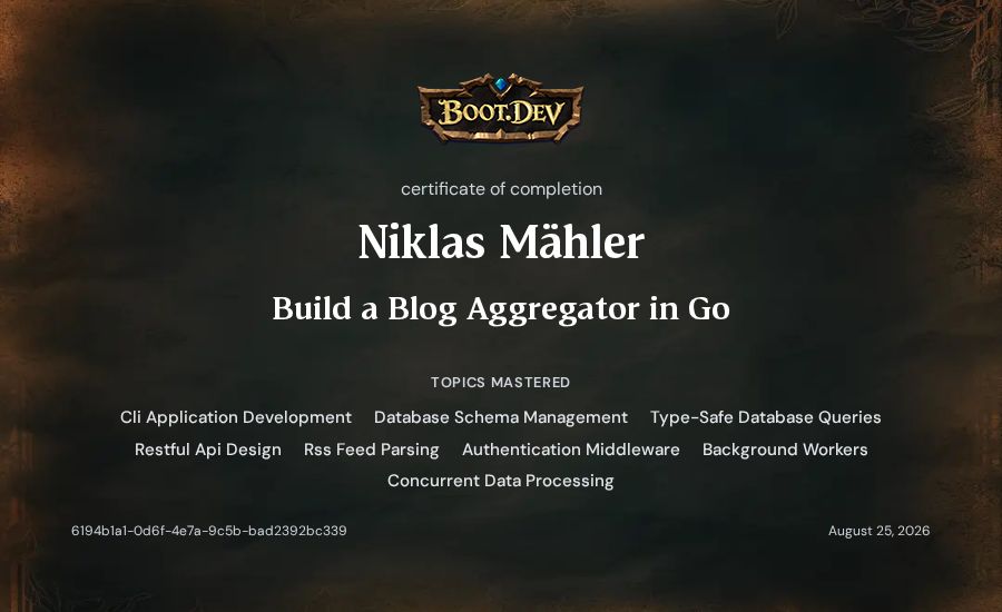 Niklas Mähler's Boot.dev Build a Blog Aggregator in Go certificate