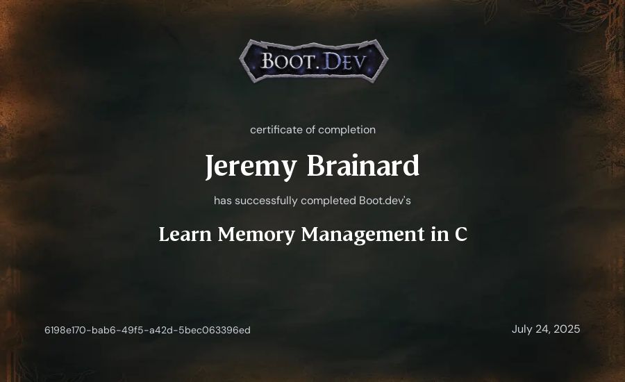 Jeremy Brainard's Boot.dev Learn Memory Management in C certificate
