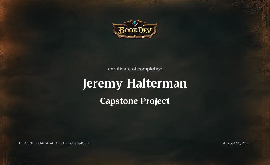 Jeremy Halterman's Boot.dev Capstone Project certificate
