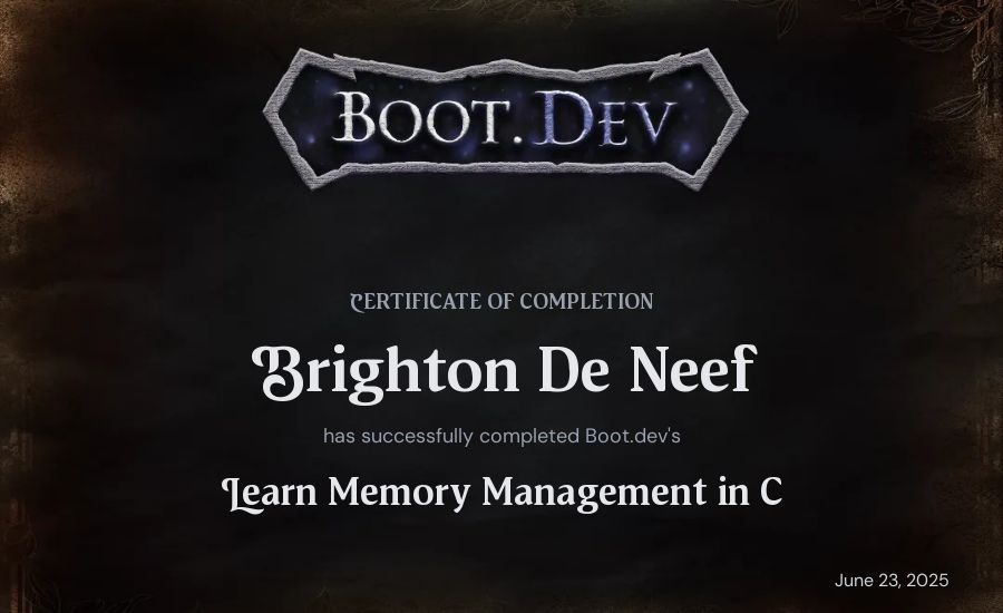 Brighton De Neef's Boot.dev Learn Memory Management in C certificate