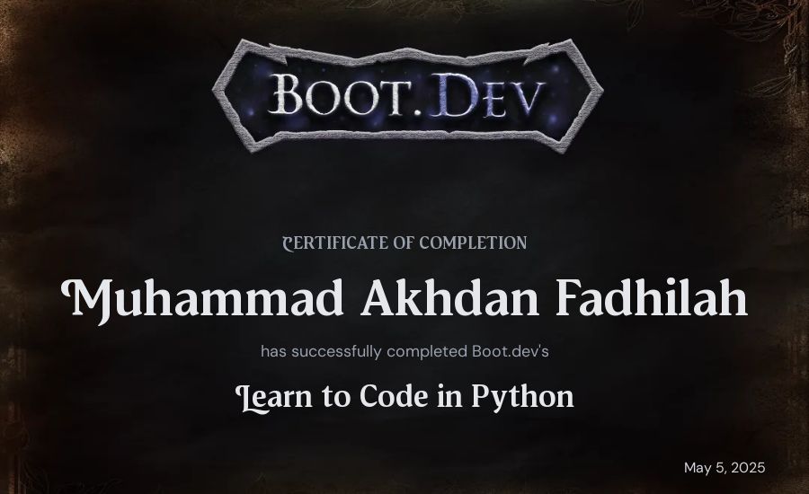 Akhdan Fadhilah's Boot.dev Introduction to Python Course certificate