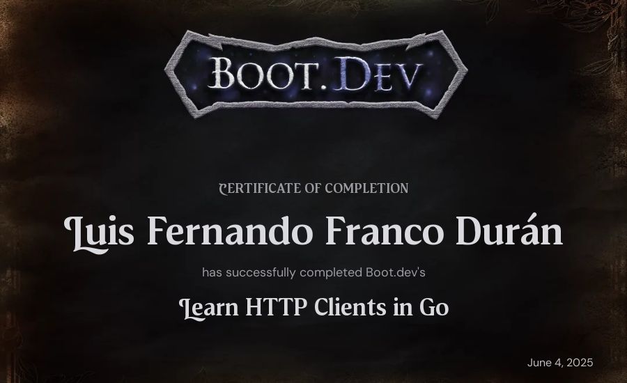 Fernando Franco's Boot.dev Learn HTTP Clients in Go certificate