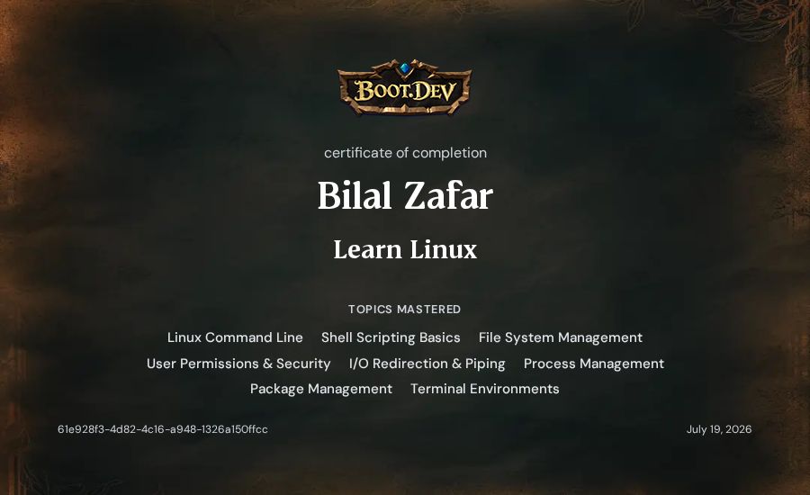 Bilal Zafar's Boot.dev Learn Linux certificate