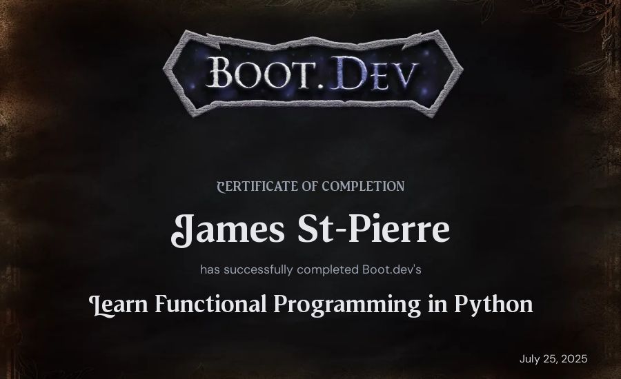 James St-Pierre's Boot.dev Learn Functional Programming in Python certificate
