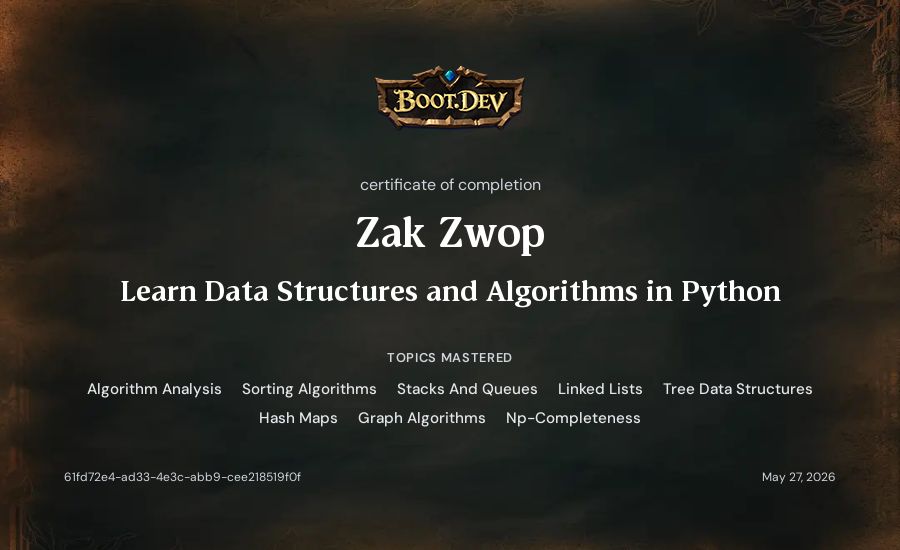 Zak Zwop's Boot.dev Learn Data Structures and Algorithms in Python certificate