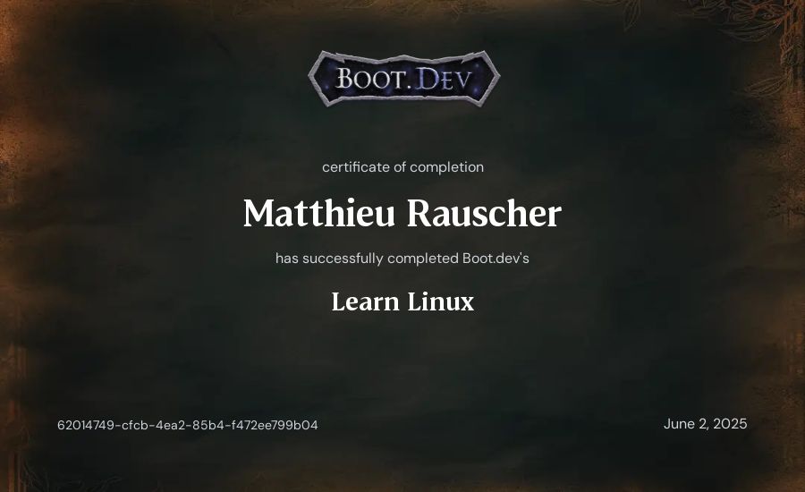 Matthieu Rauscher's Boot.dev Learn Linux certificate