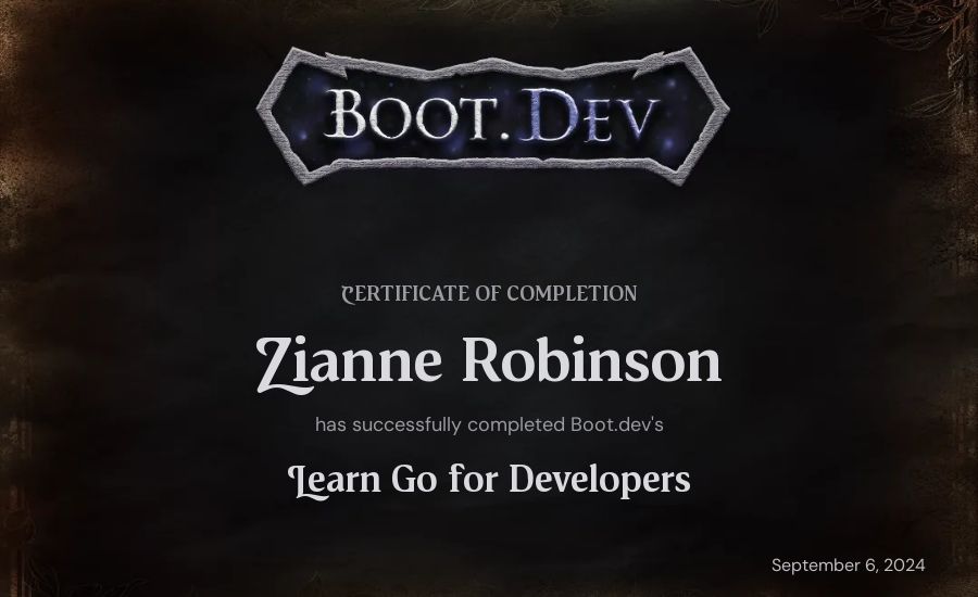 Zianne Robinson's Boot.dev Learn Go certificate