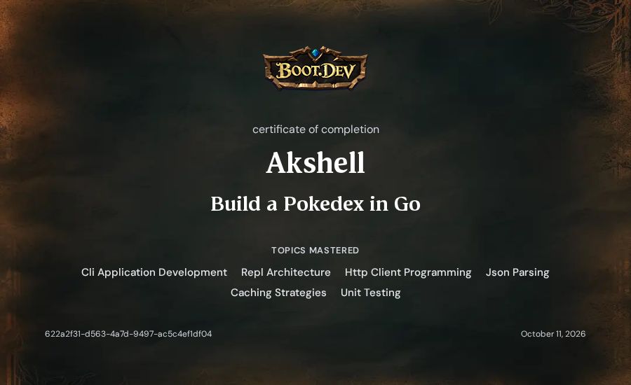 Akshell's Boot.dev Build a Pokedex in Go certificate