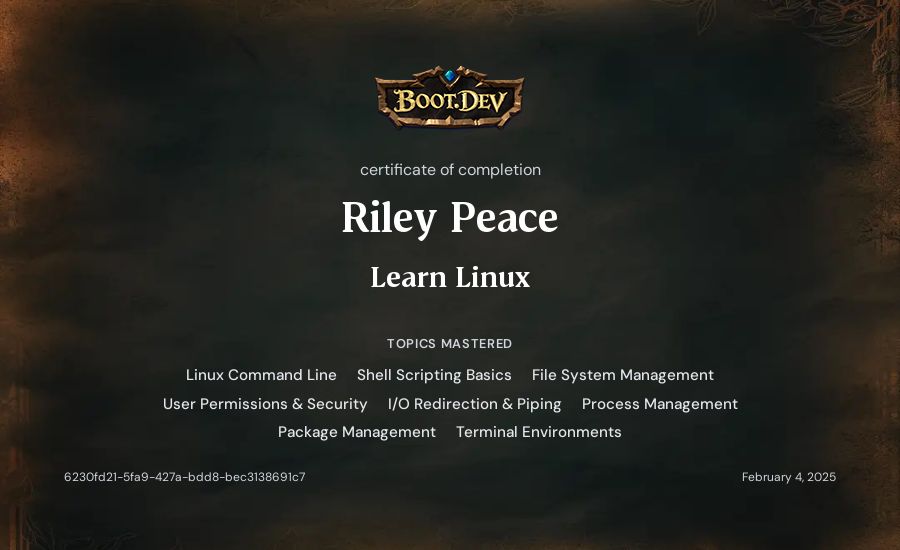 Riley Peace's Boot.dev Learn Linux certificate