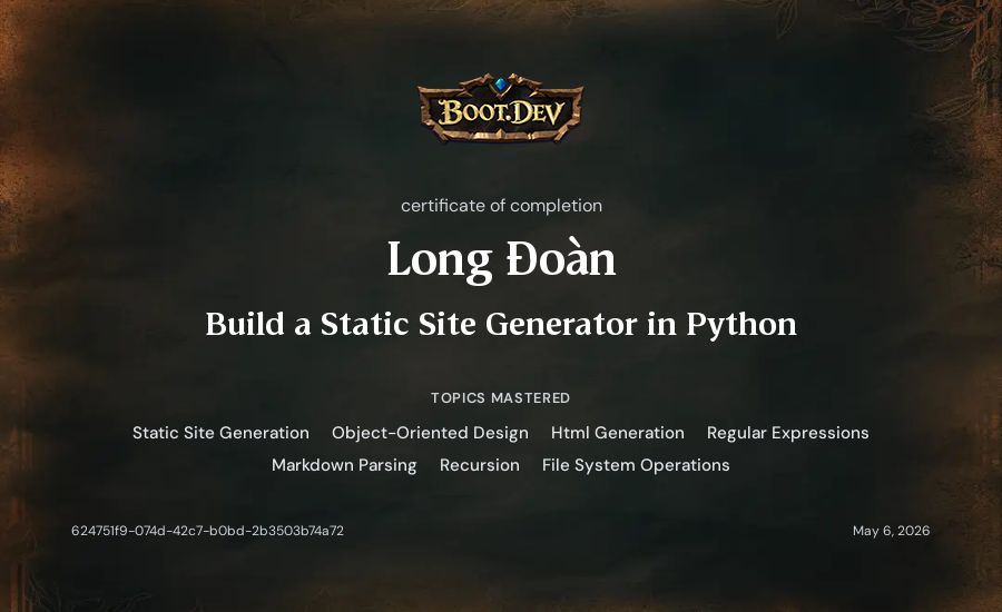 Long Đoàn's Boot.dev Build a Static Site Generator in Python certificate