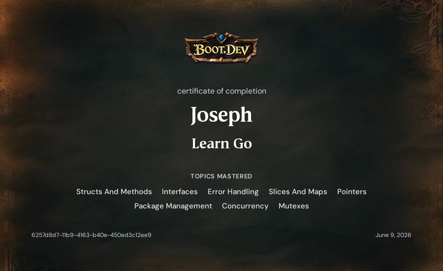 Yuuryuu's Boot.dev Learn Go certificate