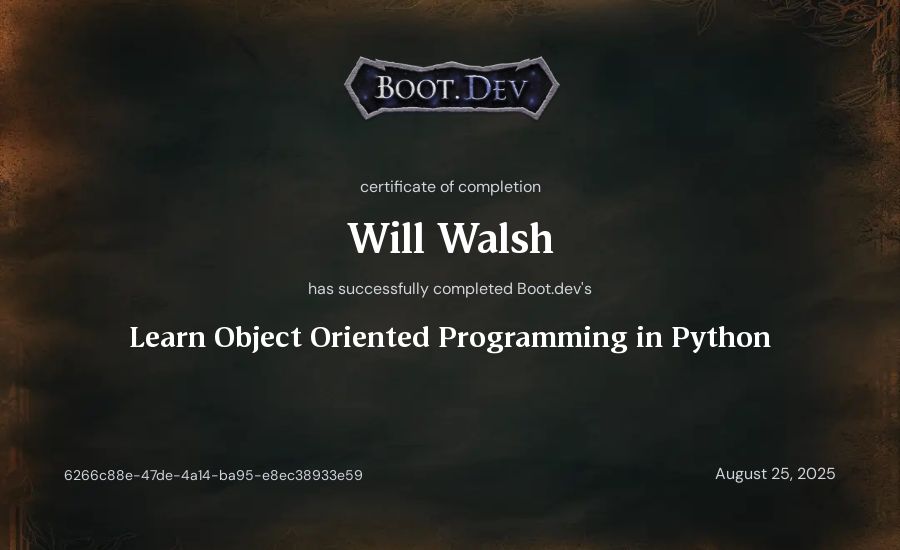 Will Walsh's Boot.dev Learn Object Oriented Programming in Python certificate