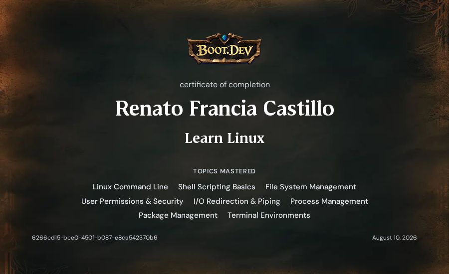 Renato Francia Castillo's Boot.dev Learn Linux certificate