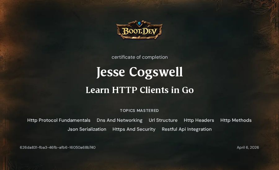 Jesse Cogswell's Boot.dev Learn HTTP Clients in Go certificate
