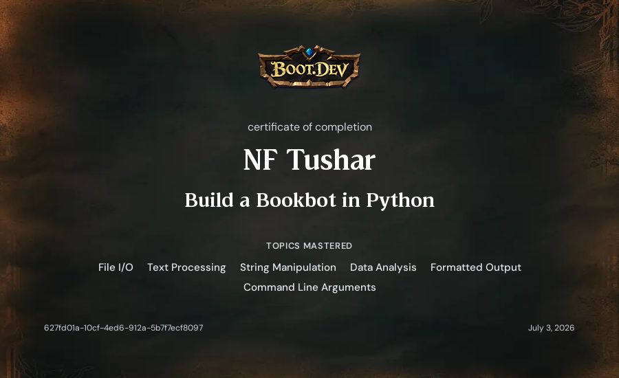 NF Tushar's Boot.dev Build a BookBot in Python certificate