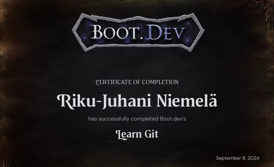 Riku-Juhani Niemelä's Boot.dev Learn Git certificate