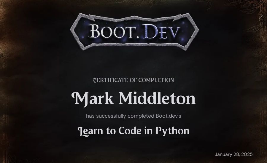Mark Middleton's Boot.dev Introduction to Python Course certificate