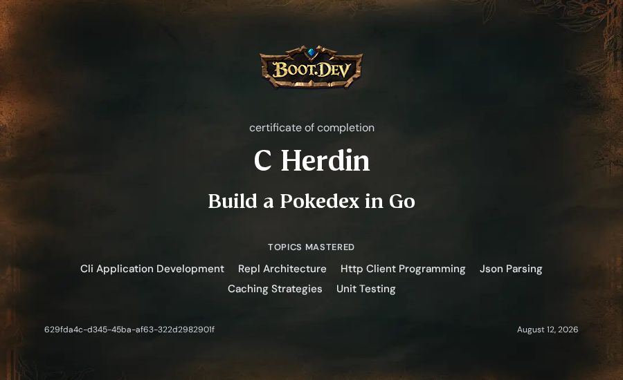 C Herdin's Boot.dev Build a Pokedex in Go certificate