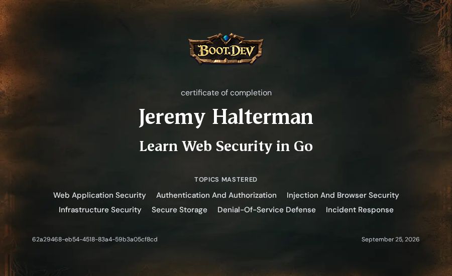 Jeremy Halterman's Boot.dev Learn Web Security in Go certificate