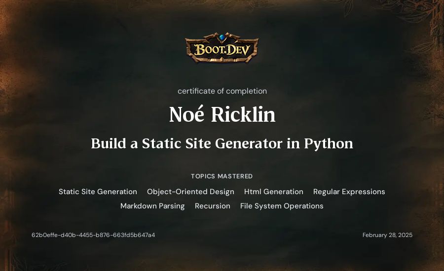 Noé Ricklin's Boot.dev Build a Static Site Generator in Python certificate