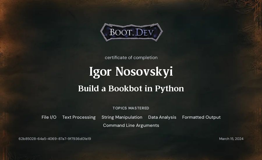Igor Nosovskyi's Boot.dev Build a BookBot in Python certificate