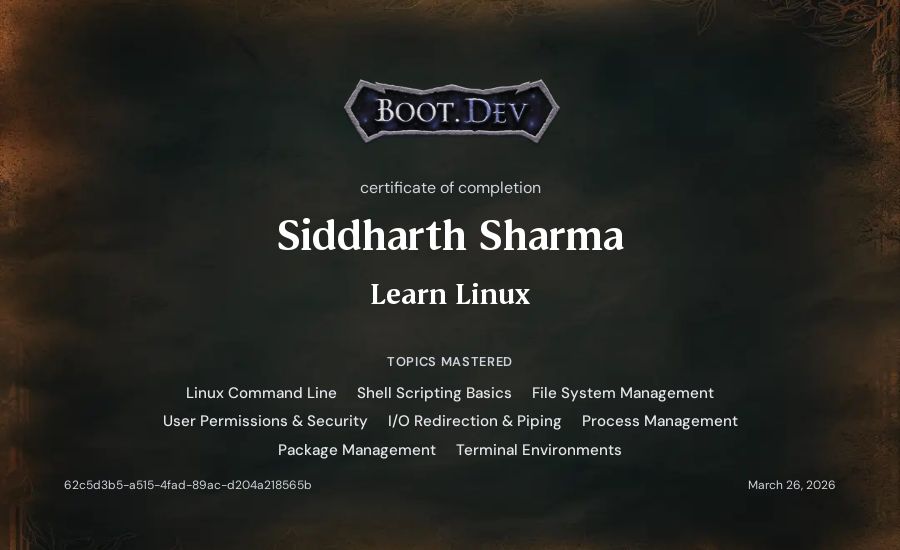 Siddharth Sharma's Boot.dev Learn Linux certificate