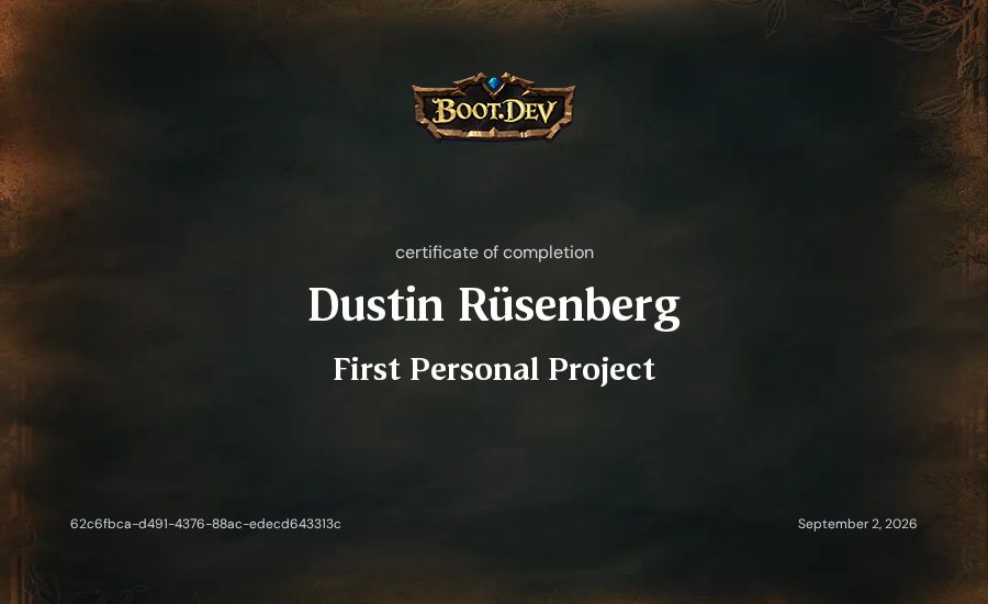 Dustin Rüsenberg's Boot.dev First Personal Project certificate