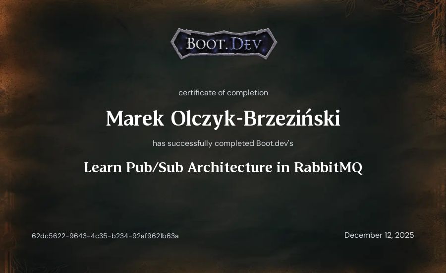 Marek Olczyk-Brzeziński's Boot.dev Learn Pub/Sub in RabbitMQ and Go certificate