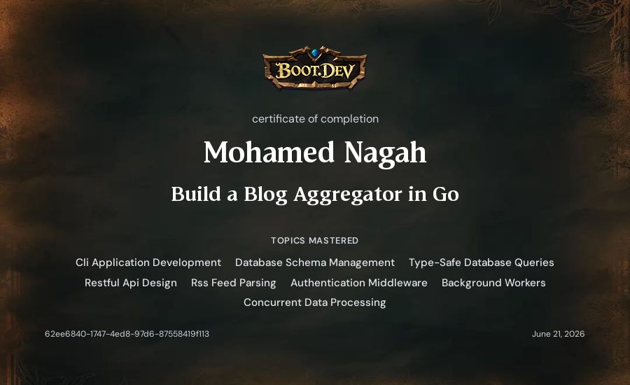 Mohamed Nagah's Boot.dev Build a Blog Aggregator in Go certificate