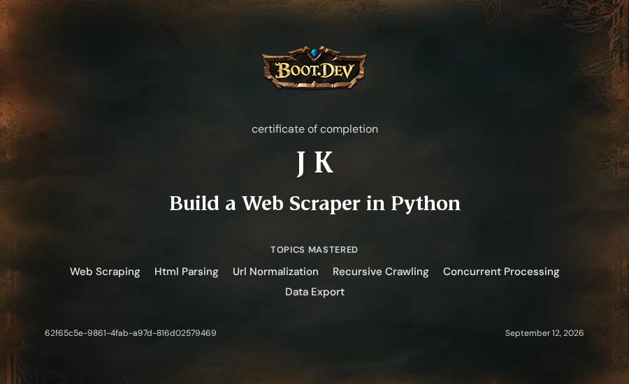 J K's Boot.dev Build a Web Scraper in Python certificate