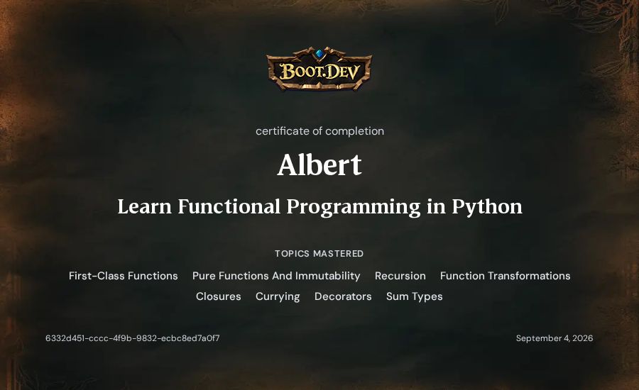 Albert's Boot.dev Learn Functional Programming in Python certificate