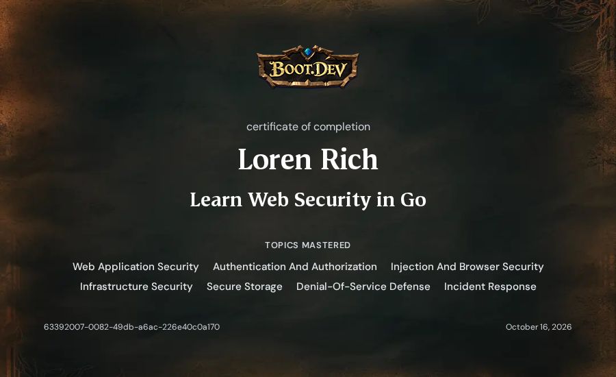 Loren Rich's Boot.dev Learn Web Security in Go certificate