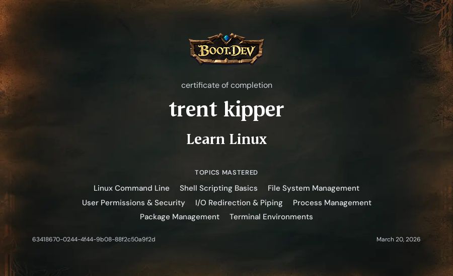 trent kipper's Boot.dev Learn Linux certificate