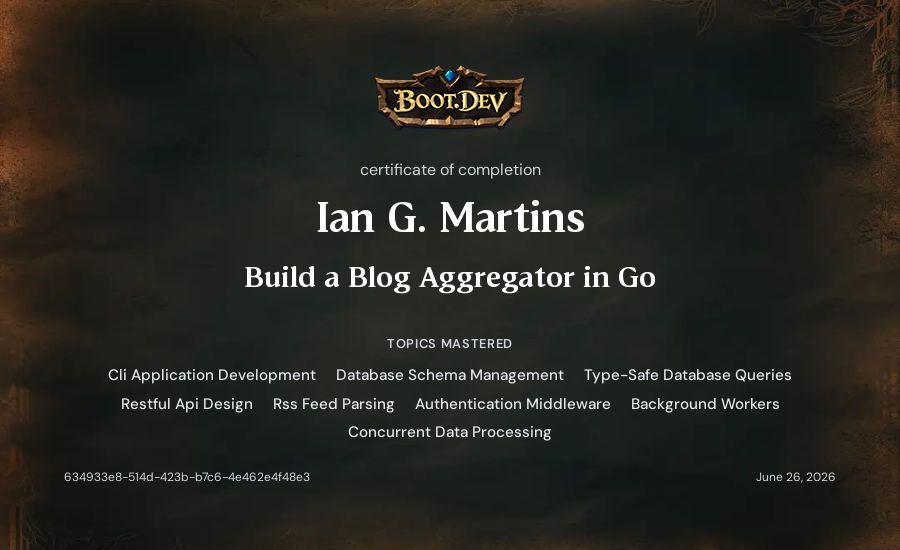 Ian G. Martins's Boot.dev Build a Blog Aggregator in Go certificate