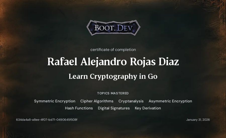 Rafael Alejandro Rojas Diaz's Boot.dev Learn Cryptography in Go certificate